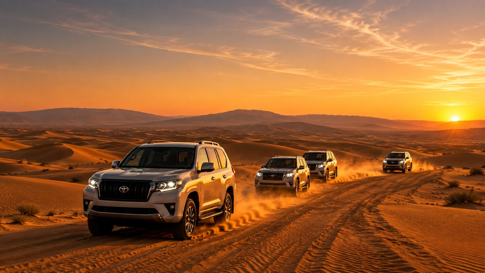 Convoglio di 4x4 al tramonto nel deserto del Marocco