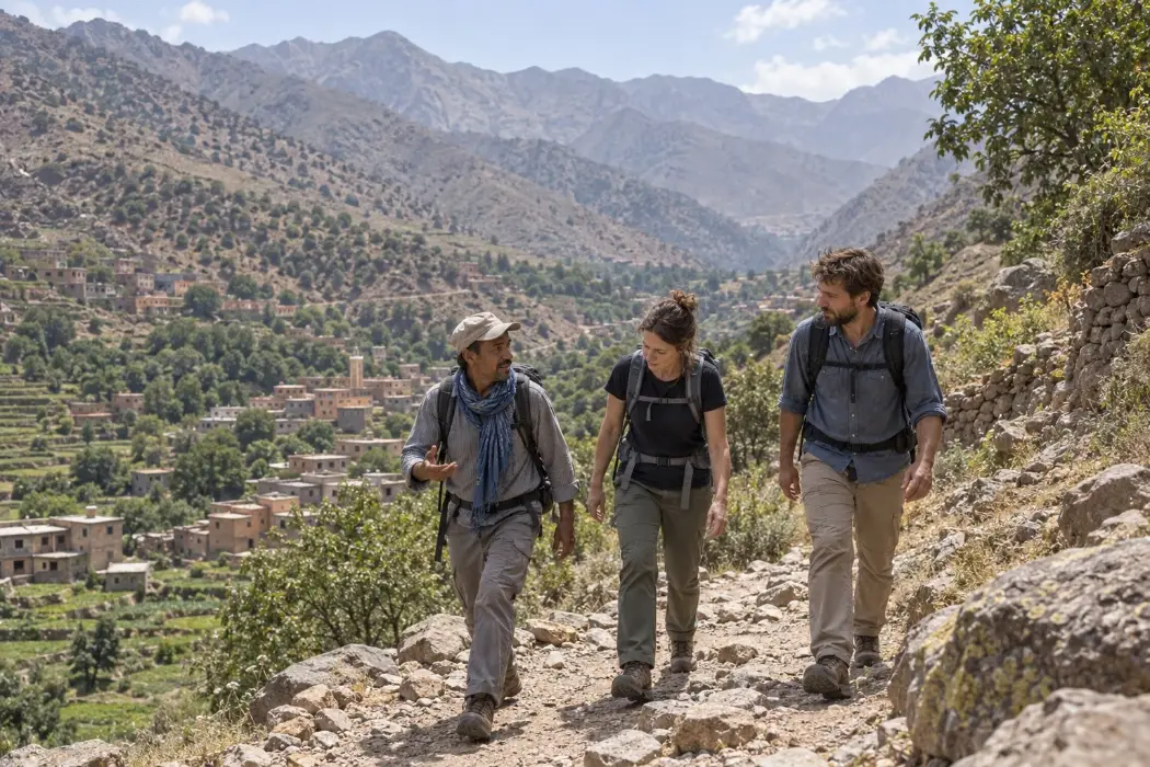 Trekking con una guida sopra il villaggio di Imlil, nell'Alto Atlante